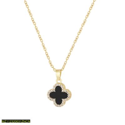 Four Leaf Clover Black Stone Pendant Necklace – Gold Plated