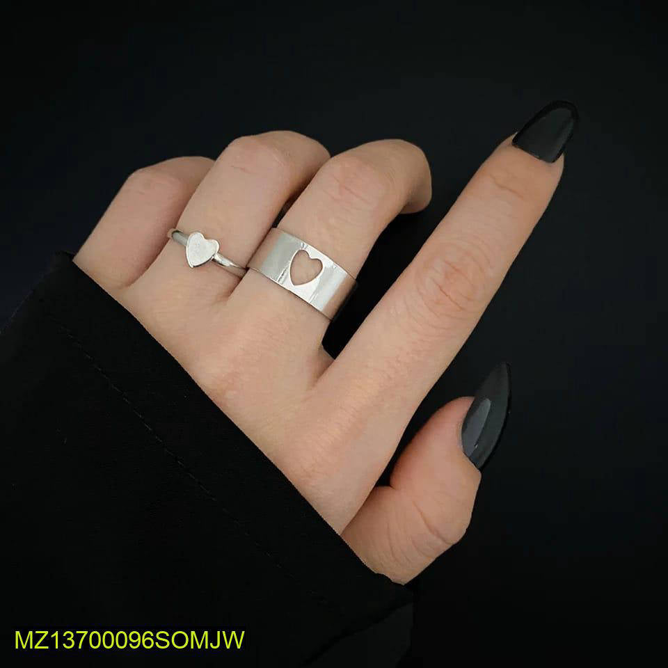 2 Pcs Trendy Couple Heart Rings – Adjustable Silver Alloy