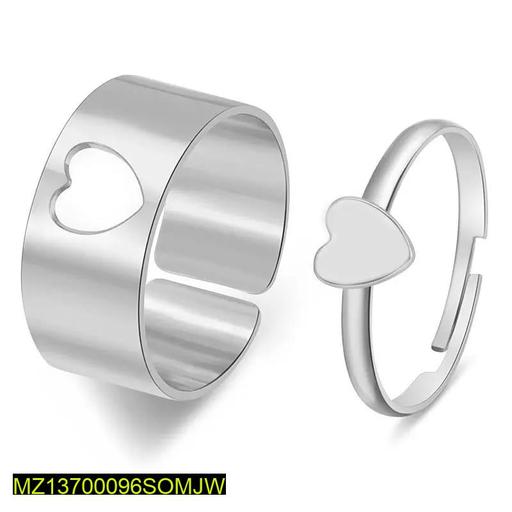 2 Pcs Trendy Couple Heart Rings – Adjustable Silver Alloy