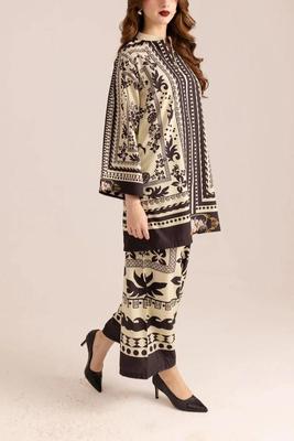 Stylish Printed V-Neck Shirt and Plain Trouser Set - 2 Pcs for Women