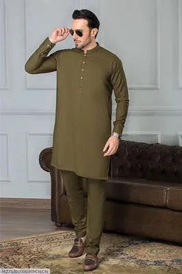 Men's 2 Pcs Wash And Wear Plain Shalwar Kameez in Green