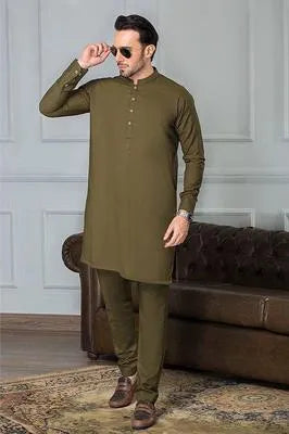Men's 2 Pcs Wash And Wear Plain Shalwar Kameez in Green
