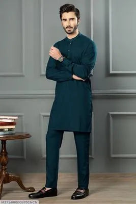 Men's Wash And Wear Shalwar Kameez - 2 Pcs in Plain Blue