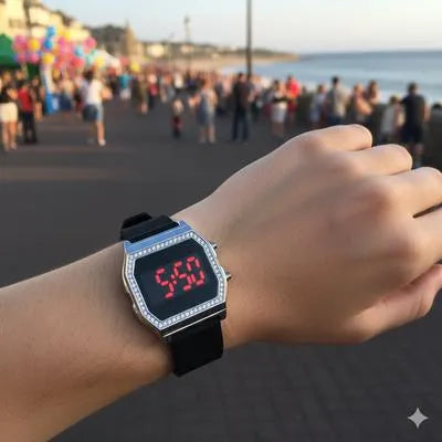 Chic Digital LED Watch with Crystal Embellished Bezel and Black Silicone Strap