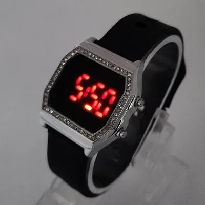 Chic Digital LED Watch with Crystal Embellished Bezel and Black Silicone Strap