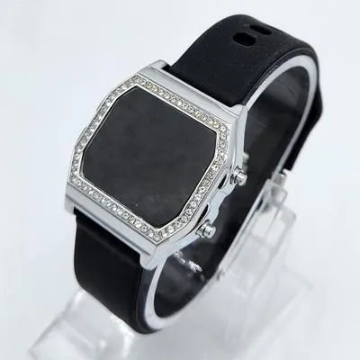 Chic Digital LED Watch with Crystal Embellished Bezel and Black Silicone Strap
