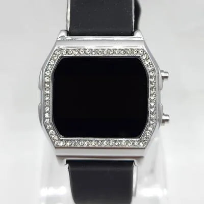 Chic Digital LED Watch with Crystal Embellished Bezel and Black Silicone Strap
